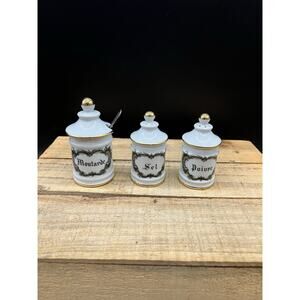 Vintage Porcelain Limoges France Salt, Pepper And Mustard With Lid And Spoon